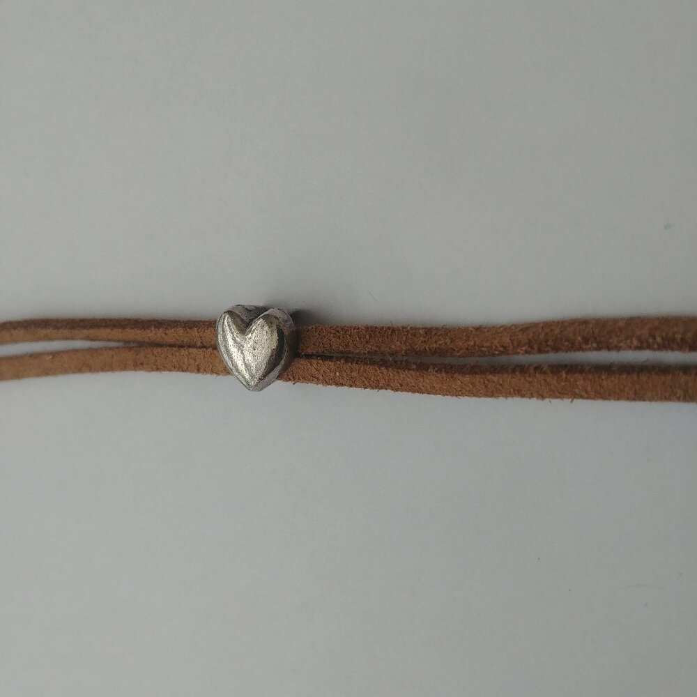 Y2K Brown leather double strand short necklace choker silver heart - Picture 7 of 9